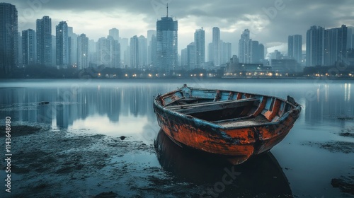 Weathered boat rests on the shore of the lake