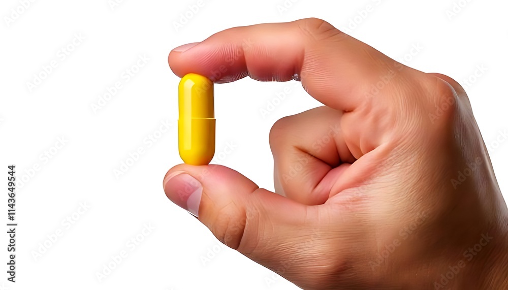 Hand holding a yellow capsule or pill, isolated on a white background. Hand holding a yellow capsule or pill, isolated on a white background.