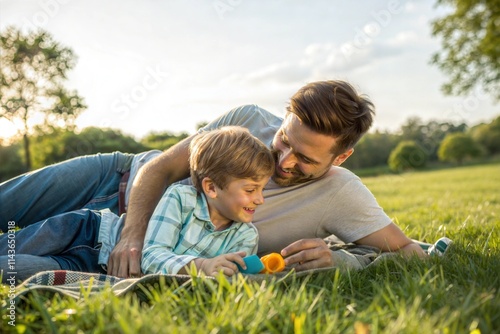 Father and son relaxing in a park lying on ground