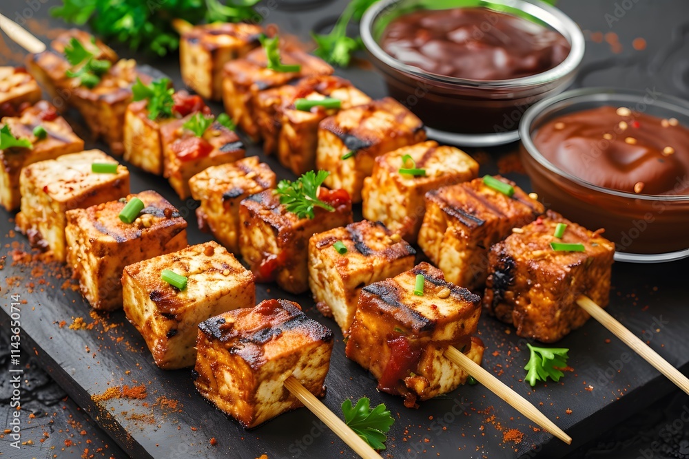 Grilled tofu skewers with dipping sauces Grilled tofu skewers with dipping sauces