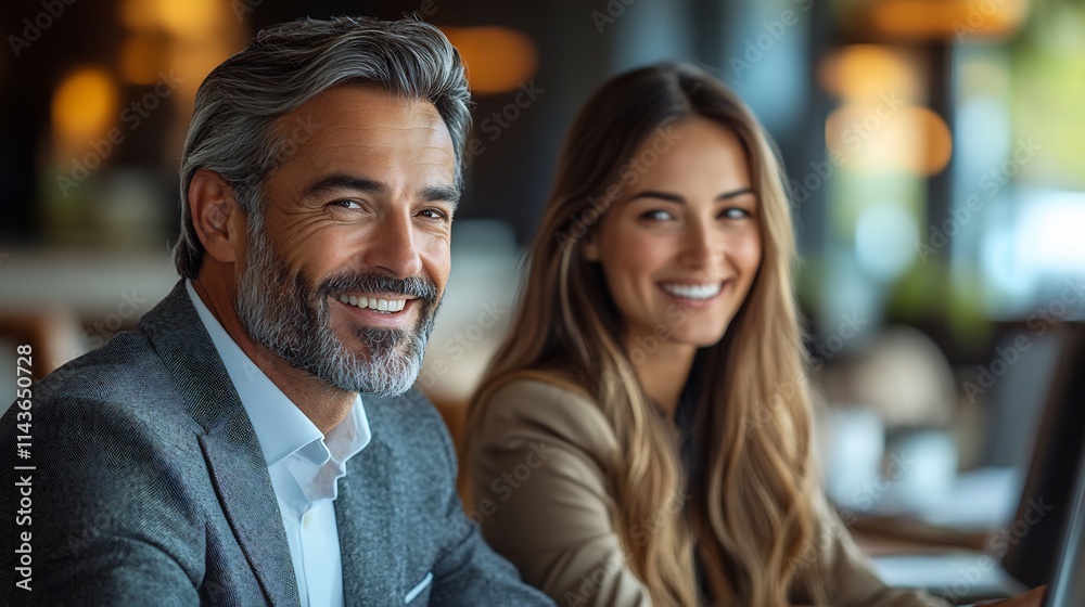 Businessman and businesswoman discussing project plans in a corporate office both smiling and working on a computer together Businessman and businesswoman discussing project plans in a corporate office both smiling and working on a computer together