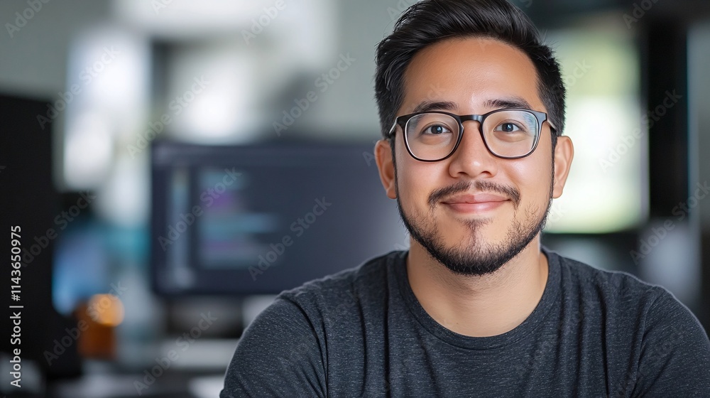 A smiling man with glasses sits at a desk, with computer screens in the background, exuding a friendly and professional atmosphere. A smiling man with glasses sits at a desk, with computer screens in the background, exuding a friendly and professional atmosphere.
