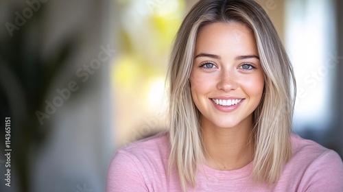 A smiling young woman with blonde hair, wearing a pink sweater, exudes warmth and positivity against a softly blurred background.