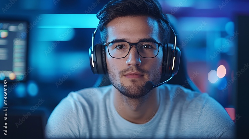 A young gamer with glasses and a headset stares intently at the camera, illuminated by blue lights in a gaming setup.