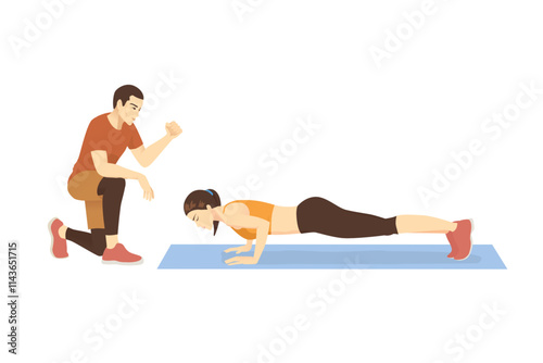 Workout personal trainer kneeling near a women isolated on white background. Coaching for doing the correct plank pose.