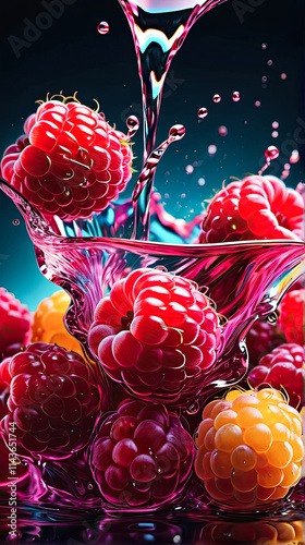 Juicy raspberries submerged in a splash of clear water on a dark background, creating a vibrant and refreshing scene with vivid colors and dynamic motion