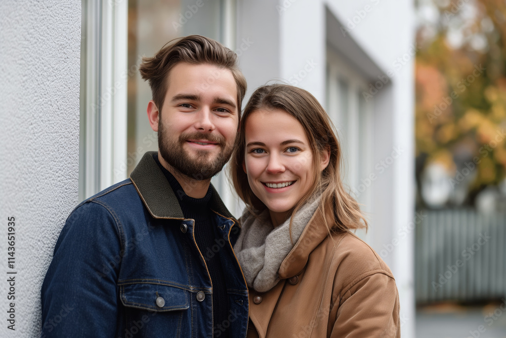 Smiling Couple Standing Outdoors in Fall Weather in Casual Clothing Smiling Couple Standing Outdoors in Fall Weather in Casual Clothing