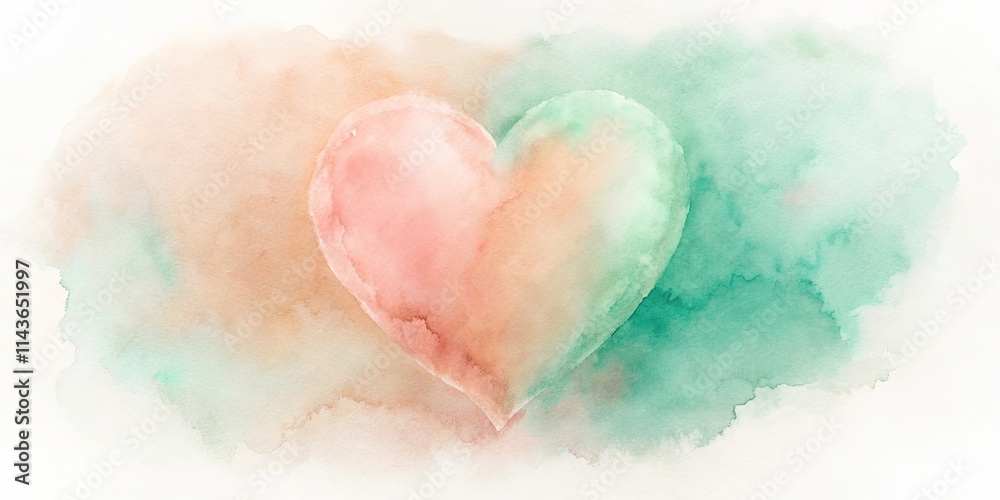 Fototapeta premium A delicate watercolor heart painted in soft peach and seafoam green hues