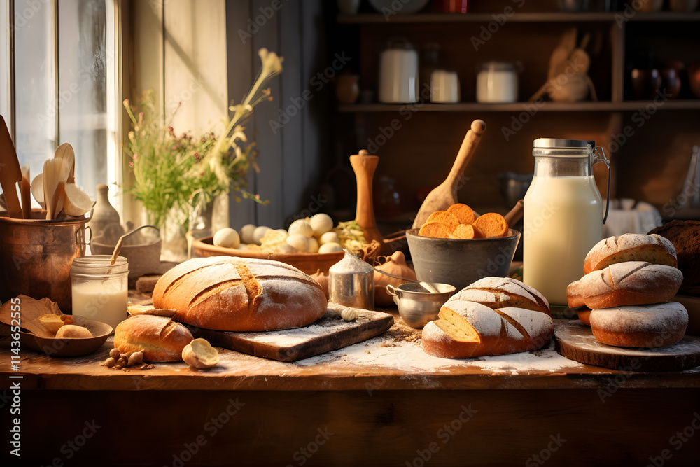 The joy and warmth of traditional home baking: From ingredients to fresh bread on a wooden table The joy and warmth of traditional home baking: From ingredients to fresh bread on a wooden table