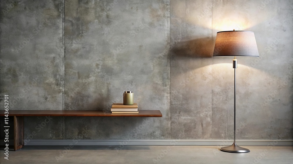 Fototapeta premium Modern minimalist interior design with a wooden shelf, floor lamp, and decorative items against a textured wall.