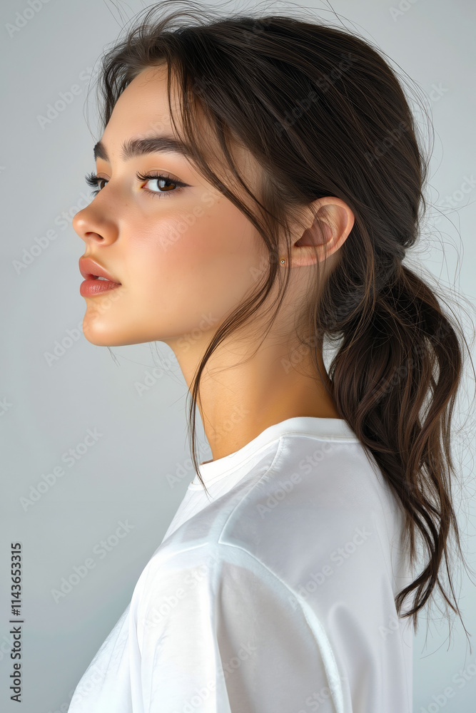 A woman with long brown hair in a ponytail and a white shirt