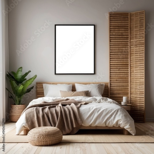 Minimalist Bedroom Design Featuring a Wooden Bed and Room Divider photo