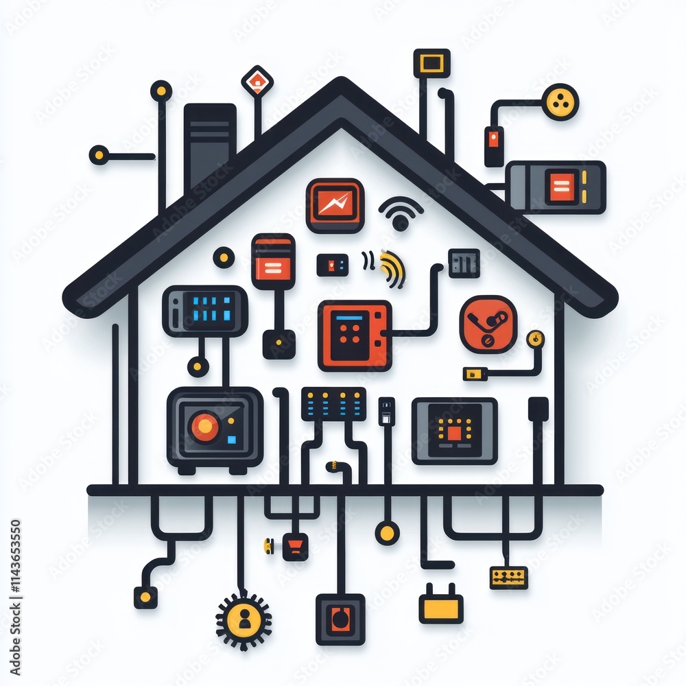 Illustration of a smart home with various connected devices and technology. Illustration of a smart home with various connected devices and technology.