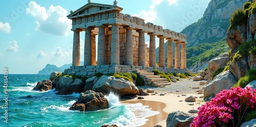 Ancient Greek architecture covered in seaweed and coral, landscape, nature photo