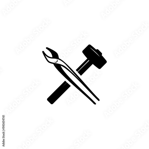 Simple hammer with tongs icon vector. blacksmith hammer with tongs, blacksmith tools