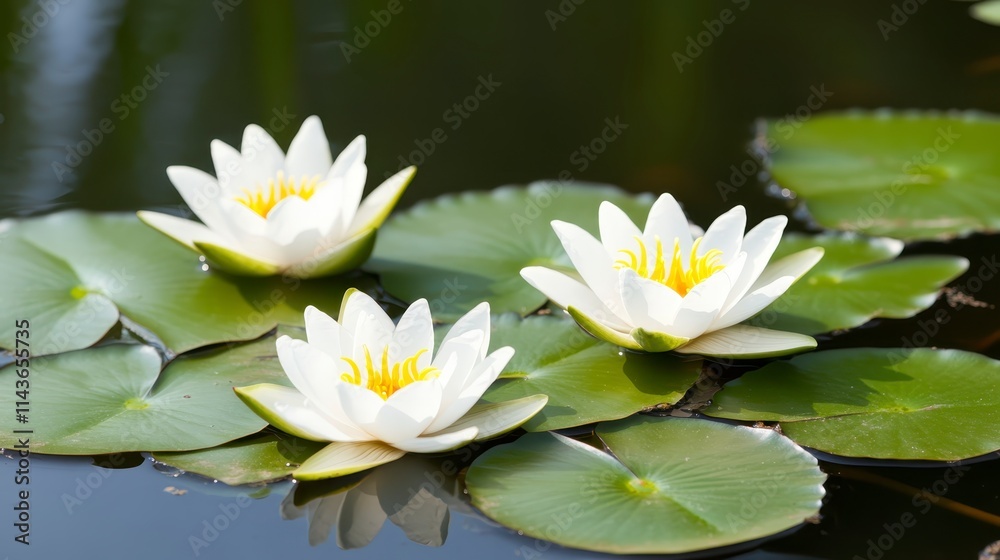 Three white water lilies bloom gracefully on green lily pads, floating serenely on a calm body of water. Three white water lilies bloom gracefully on green lily pads, floating serenely on a calm body of water.
