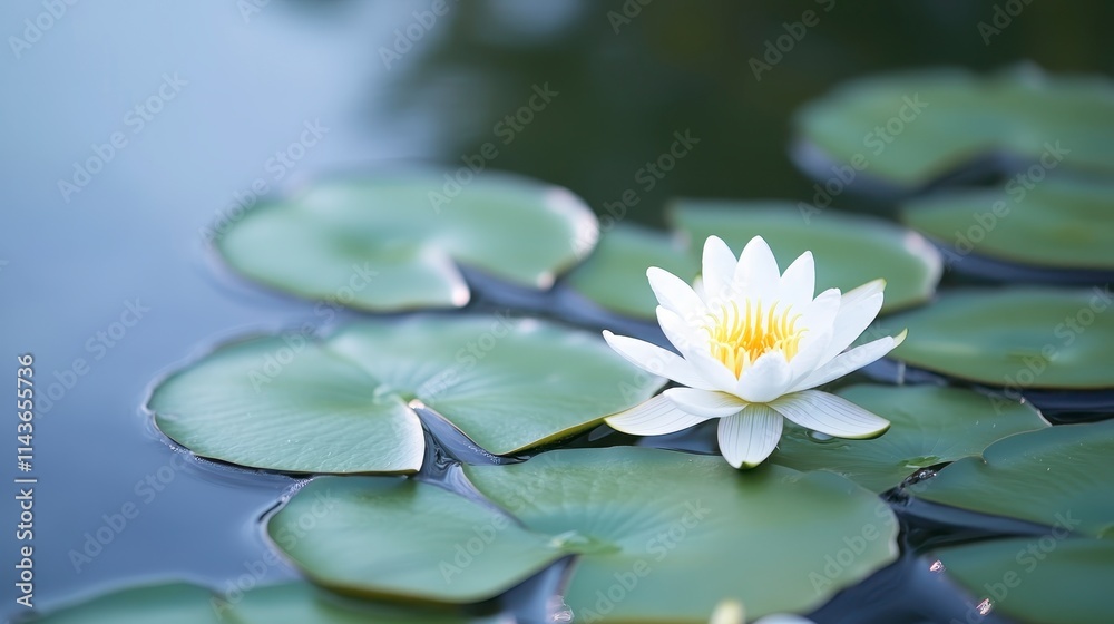 A serene white water lily blooms on green leaves, reflecting beauty and tranquility in a calm pond setting. A serene white water lily blooms on green leaves, reflecting beauty and tranquility in a calm pond setting.