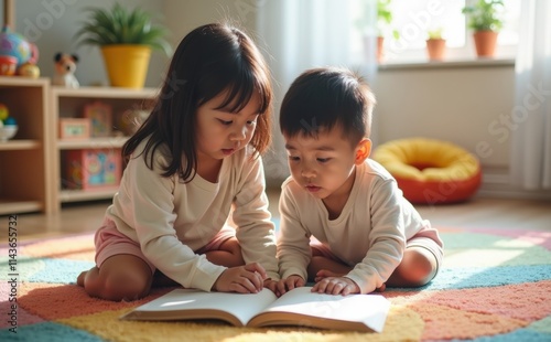 Two siblings sitting on a colorful rug in a bright room, reading a book together, surrounded by toys and natural light, sharing a calm and educational moment