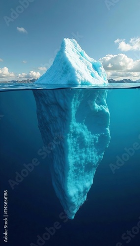 An iceberg floating with its tip exposed above the waterline, waterline, frozen, underwater