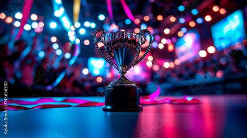 Golden trophy cup with flying confetti, The esports winner trophy standing on the stage in the middle of the arena of the computer video game. A golden trophy takes center stage on a desk against. 
 photo