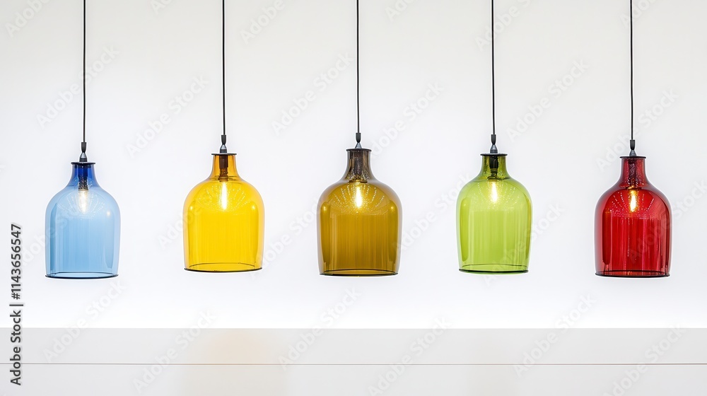 A vibrant display of hanging glass pendant lights in various colors, adding a modern touch to the interior decor.