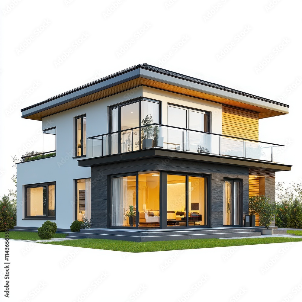 Modern two story suburban house with porch isolated on white background Modern two story suburban house with porch isolated on white background