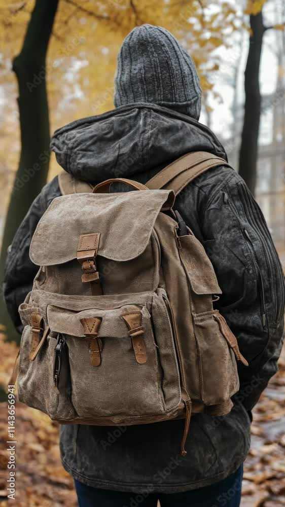 Person in dark hoodie with a large brown backpack walking through a fall forest filled with yellow leaves Person in dark hoodie with a large brown backpack walking through a fall forest filled with yellow leaves
