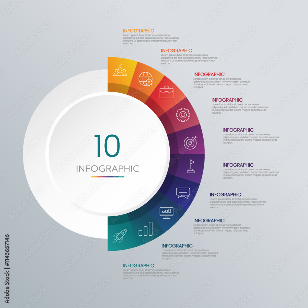Circle shape infographic chart template with 10 options.