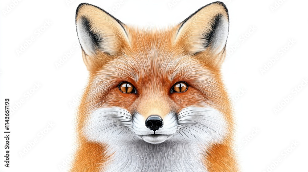 Fototapeta premium A close-up illustration of a fox head, featuring bright orange fur, expressive eyes, and prominent ears, showcasing its distinct facial features.