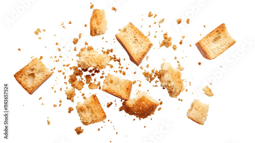 Broken bread rusks with scattered crumbs, isolated on transparent