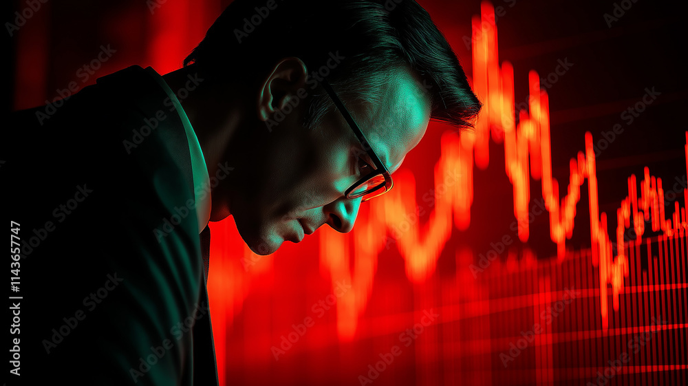 Obraz premium Stressed businessman with red stock market graph 