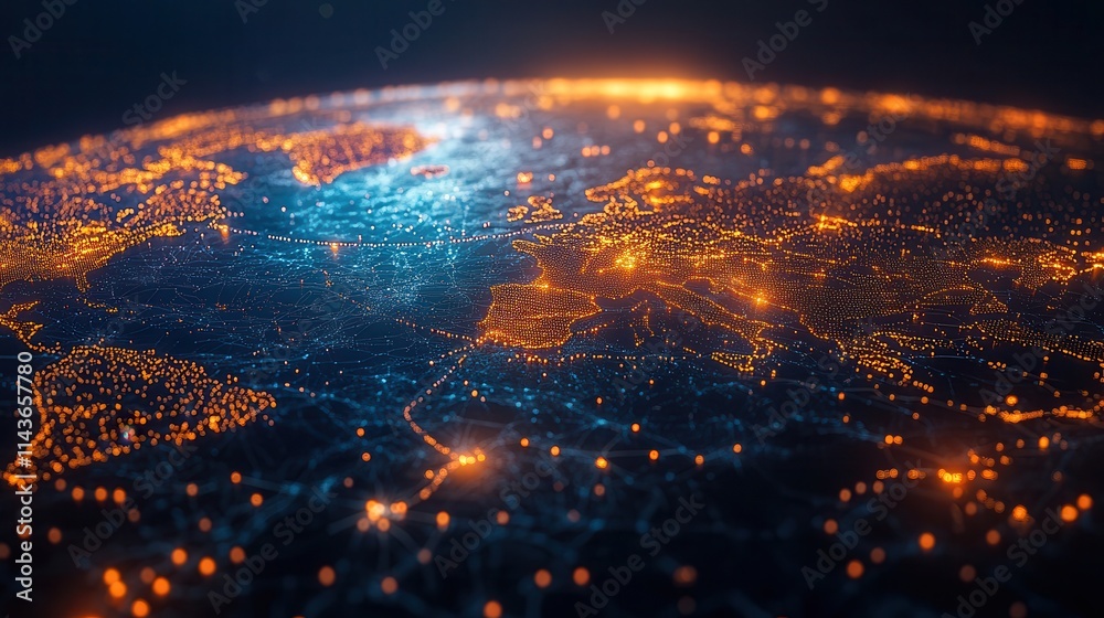 Fototapeta premium A vibrant, illuminated view of Earth from space, showcasing interconnected networks of cities and glowing landscapes.