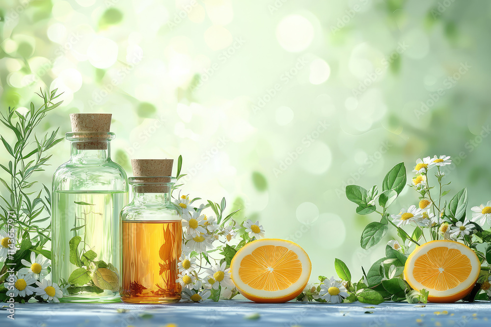 Fresh herbal oils and citrus fruits on bright background Fresh herbal oils and citrus fruits on bright background