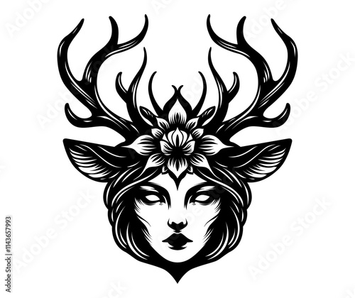 An illustration of female head with deer antler in white background. Horror and mystery element design. Vector graphic.