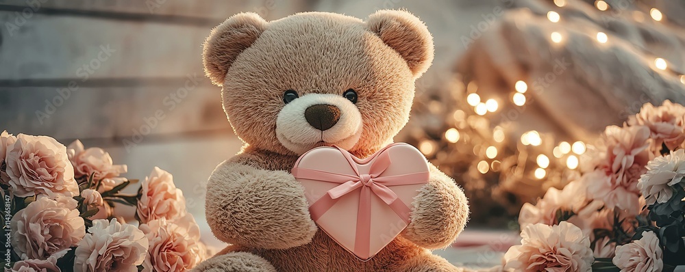 teddy bears holding hearts relevance concept. Soft teddy bear holding a heart surrounded by flowers and soft lights. teddy bears holding hearts relevance concept. Soft teddy bear holding a heart surrounded by flowers and soft lights.