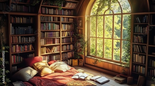 a cozy alcove in a library, with sunlight streaming onto open books, soft rays of light illuminating the pages, surrounded by shelves of books and plush seating, creating a warm, peaceful reading nook