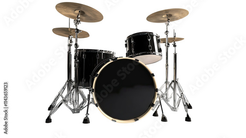 Black Drum Set Ready for a Beat: A professional drum set with black drums and chrome hardware, ready for a powerful performance. Perfect for music productions, band promotions, and more.  photo