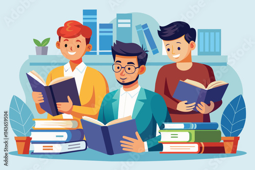 Three men are engaged in studying by reading books together in a warm, inviting library environment Men study for exams by reading books.