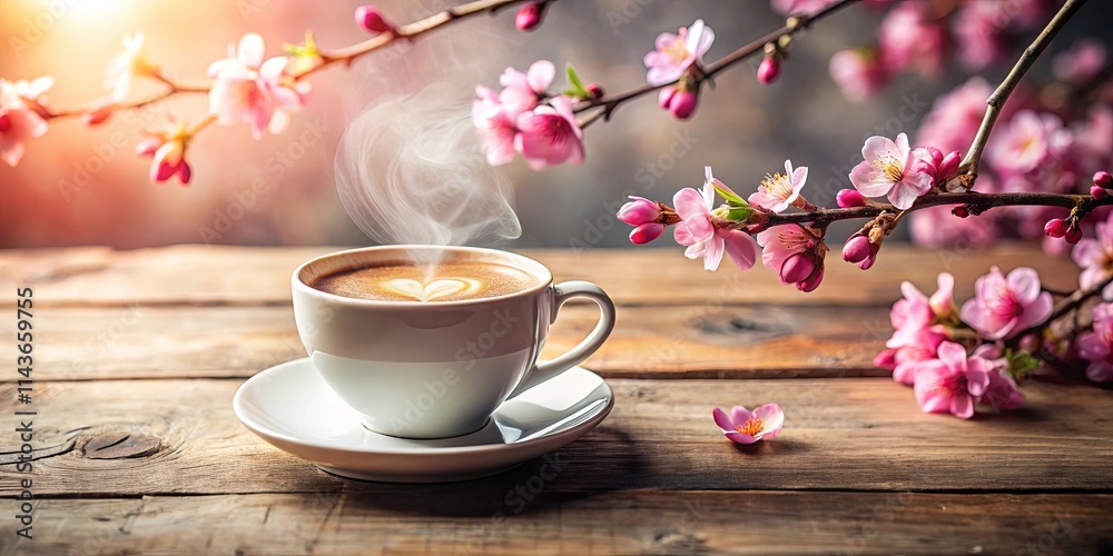 Aromatic Coffee with Delicate Spring Blossoms on Rustic Wood Aromatic Coffee with Delicate Spring Blossoms on Rustic Wood