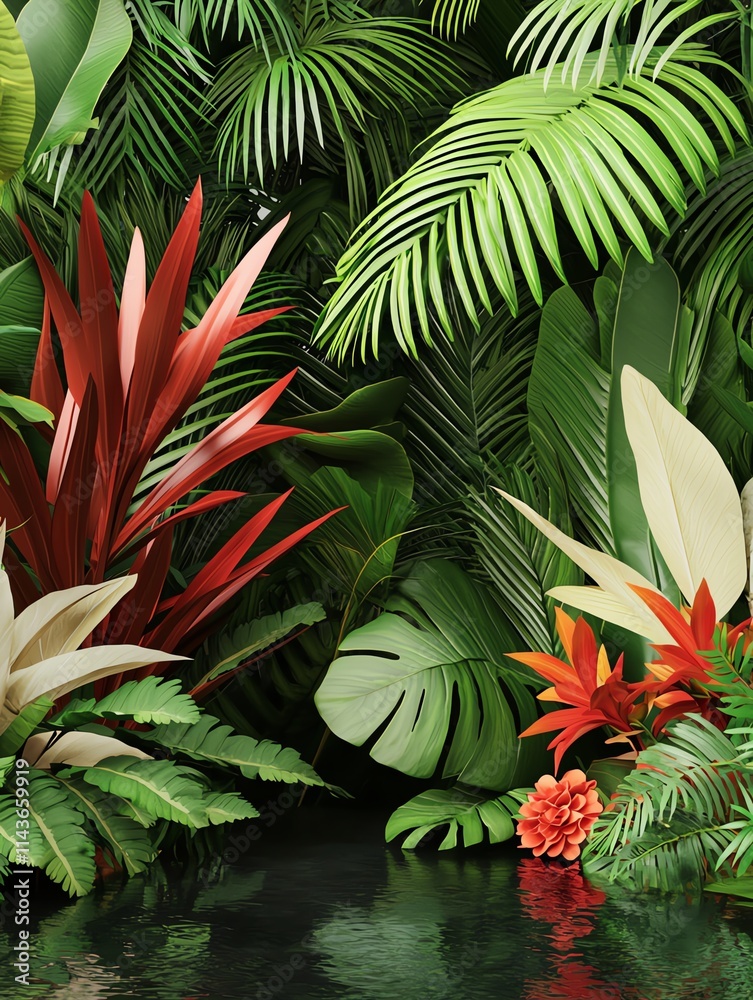 Obraz premium A vibrant, lush tropical landscape featuring various green leaves, colorful plants, and a reflective water surface.