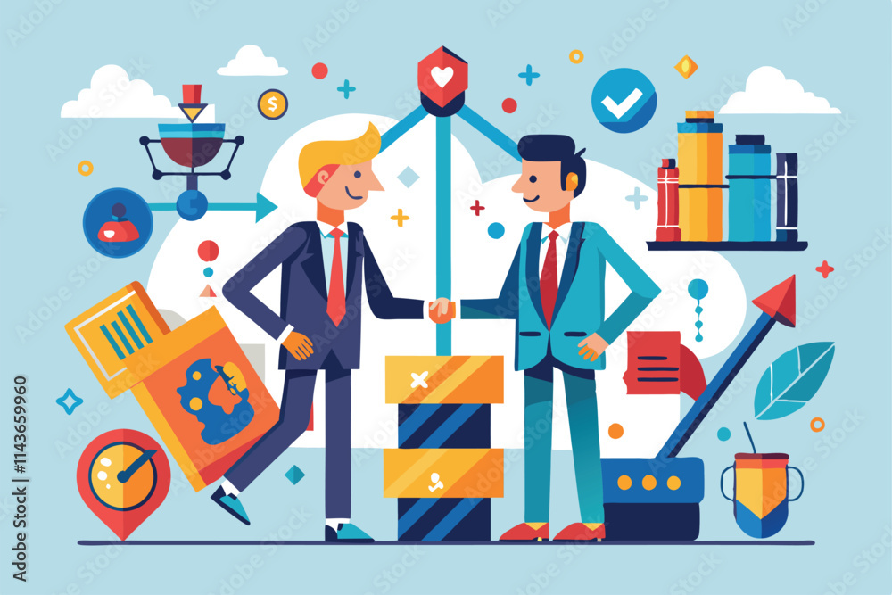 Two business professionals shake hands to commemorate a merger, focused on customizable strategies for growth Merger of businesses with customizable and disproportionate illustration. Two business professionals shake hands to commemorate a merger, focused on customizable strategies for growth Merger of businesses with customizable and disproportionate illustration.
