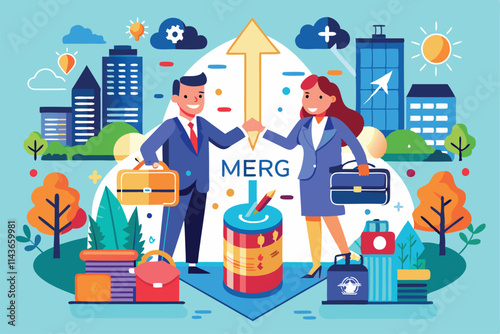 Two smiling businesspeople engage in a collaborative discussion about customizing merger strategies Merger of businesses with customizable and disproportionate illustration.
