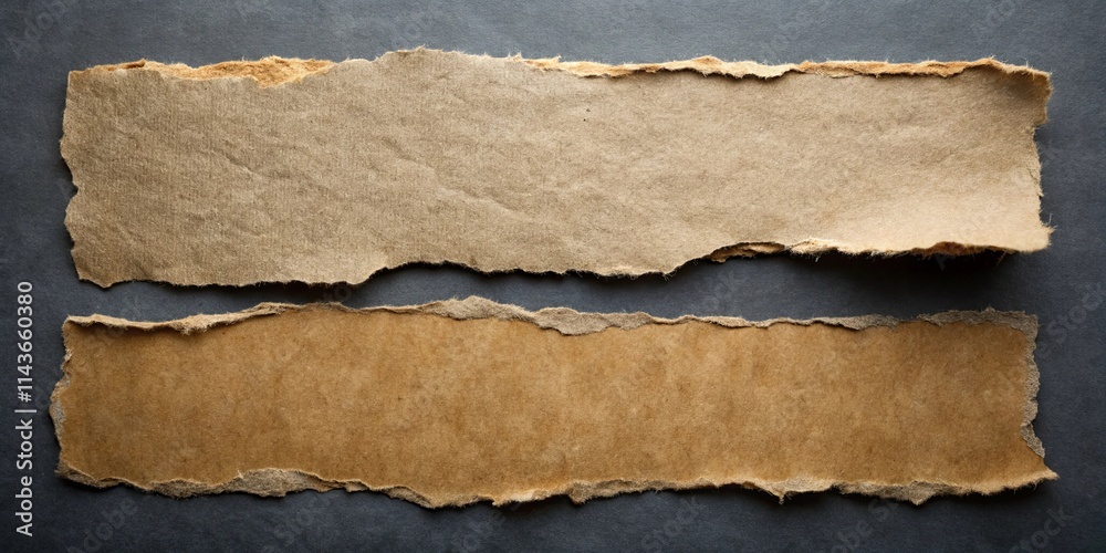 Two Ripped Pieces of Brown Paper on a Dark Surface, Ideal for Text or Message Overlay Two Ripped Pieces of Brown Paper on a Dark Surface, Ideal for Text or Message Overlay