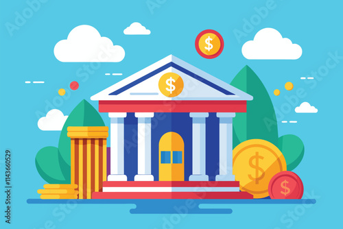 A vibrant bank building depicted with coins and trees, creating a lively financial theme outdoors Money in the bank concept, illustrated flat
