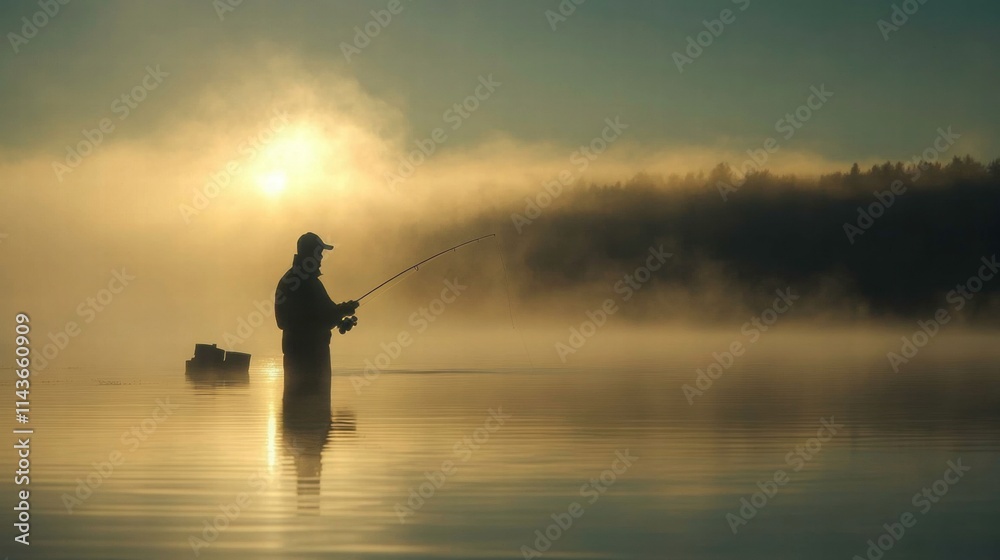 a lone fisherman casting his line into calm waters at sunrise, a tranquil morning scene with golden hues reflecting on the water, the silhouette of a fisherman in peaceful solitude against the rising a lone fisherman casting his line into calm waters at sunrise, a tranquil morning scene with golden hues reflecting on the water, the silhouette of a fisherman in peaceful solitude against the rising