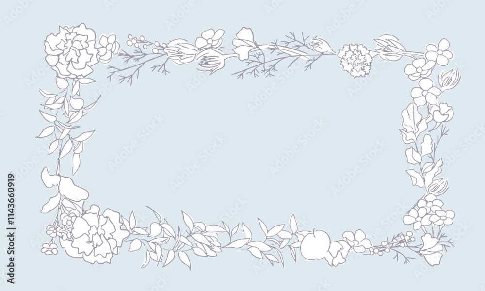 Fototapeta premium 手書きの草木線画イラスト。線画のベクター花イラスト。シンプルな草木の装飾フレーム。Hand drawn line drawing illustration of plants and trees. Line drawing vector flower illustration. Simple grass and trees decorative frame.