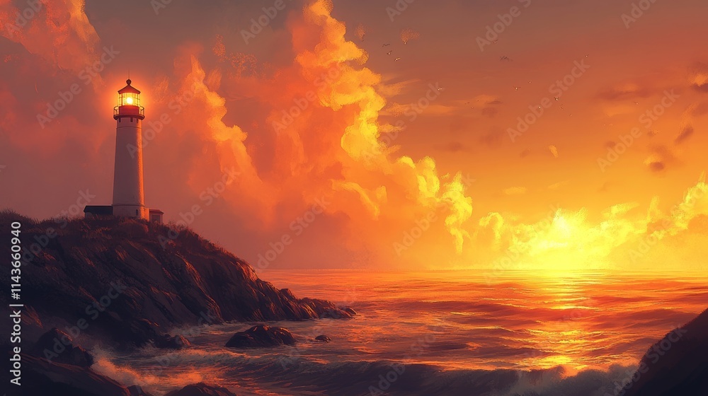 a lone lighthouse on a rocky shore, illuminated by the golden glow of dusk, the soft light reflecting off the ocean waves as the sky turns to shades of orange and pink, creating a peaceful yet dramati a lone lighthouse on a rocky shore, illuminated by the golden glow of dusk, the soft light reflecting off the ocean waves as the sky turns to shades of orange and pink, creating a peaceful yet dramati