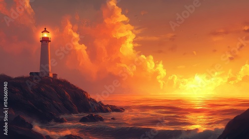 a lone lighthouse on a rocky shore, illuminated by the golden glow of dusk, the soft light reflecting off the ocean waves as the sky turns to shades of orange and pink, creating a peaceful yet dramati photo