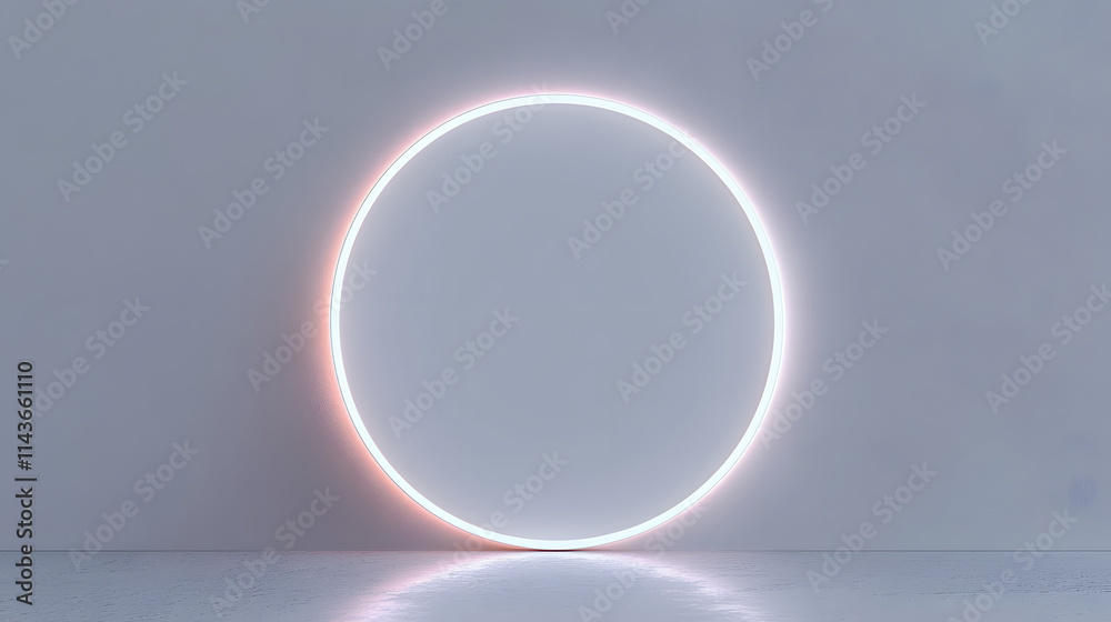White Surface with Embossed Shape and White Illuminated Edge. Tech Background with Neon Circle. 3D Render.