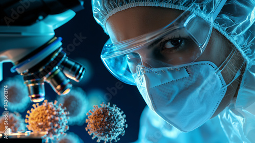 Scientist wearing a protective hazmat suit and face mask examining a sample of coronavirus under a microscope in a biosafety laboratory Concept of medical research disease outbreak
